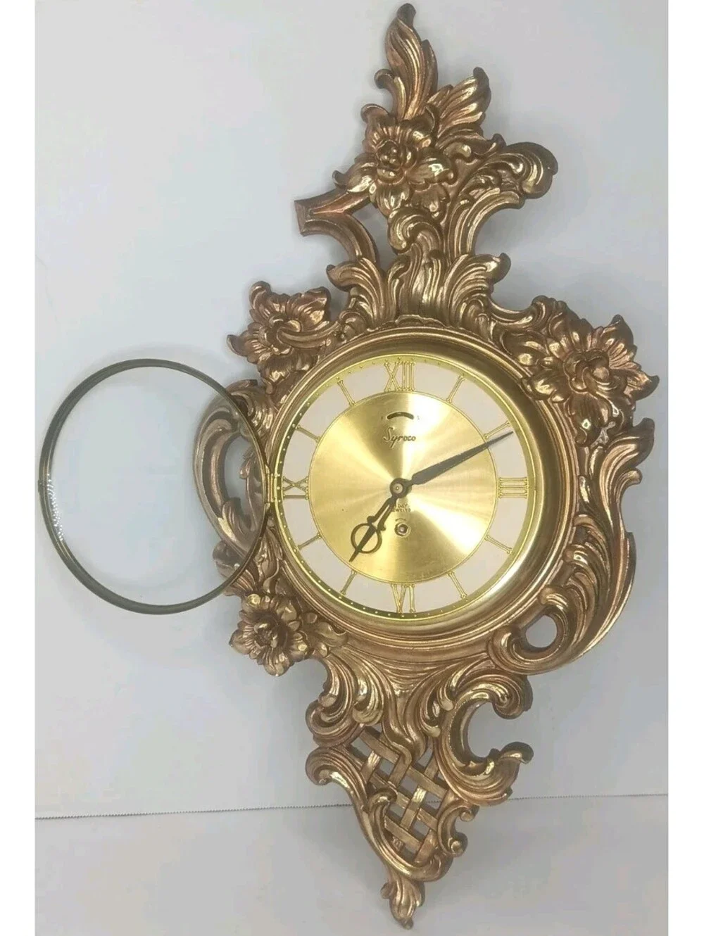 VTG Syroco Wall Clock Mid-Century Gold Tone Wind Up Works But NO KEY 22